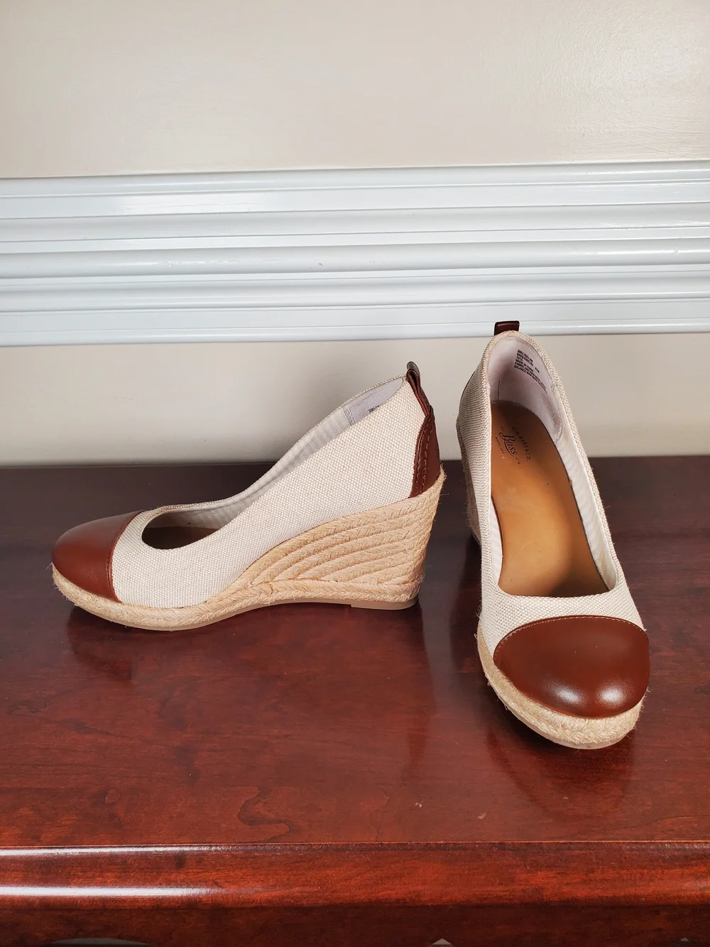 G.H. Bass & Co. - Kaitlyn Beige Canvas and Brown  Faux Leather Espadrille Wedges